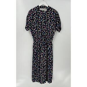 Liz Roberts Vintage Dress Womens Large XL Blue Polka Dot Pleated Button Front